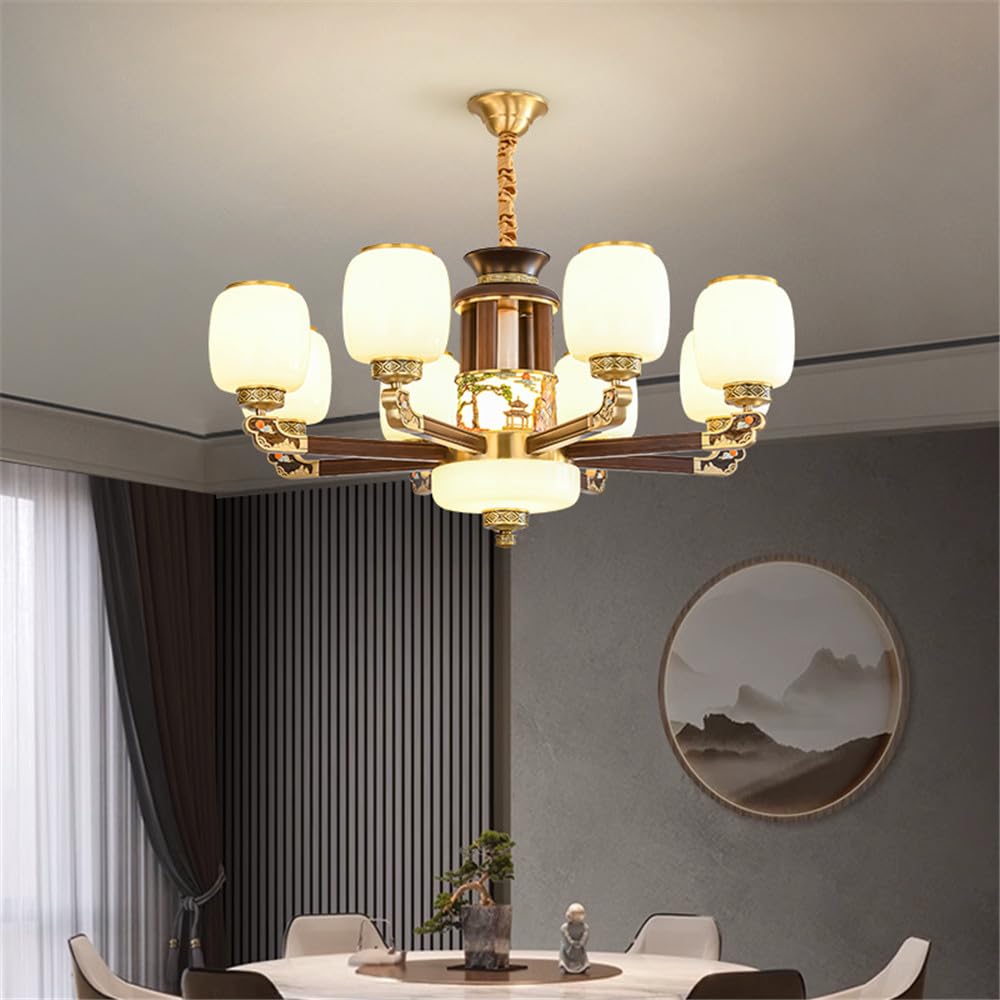 SXECAEPS Contemporary Luxury Brass Chandelier LED Chinese Style Living Room Bedroom Dining Villa Hotel Tearoom Cafe Pendent Lights (Q 8 Lights)