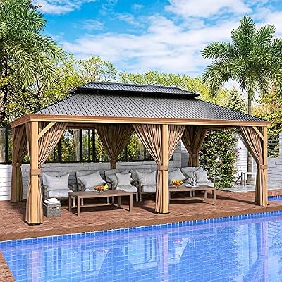 HAPPATIO 12' x 20' Hardtop Gazebo, Outdoor Wood Grain Aluminum with Galvanized Steel, Patio Double Roof Permanent Metal Gazebo Canopy with Netting and Curtains for Backyard, Patio, Deck (Brown)