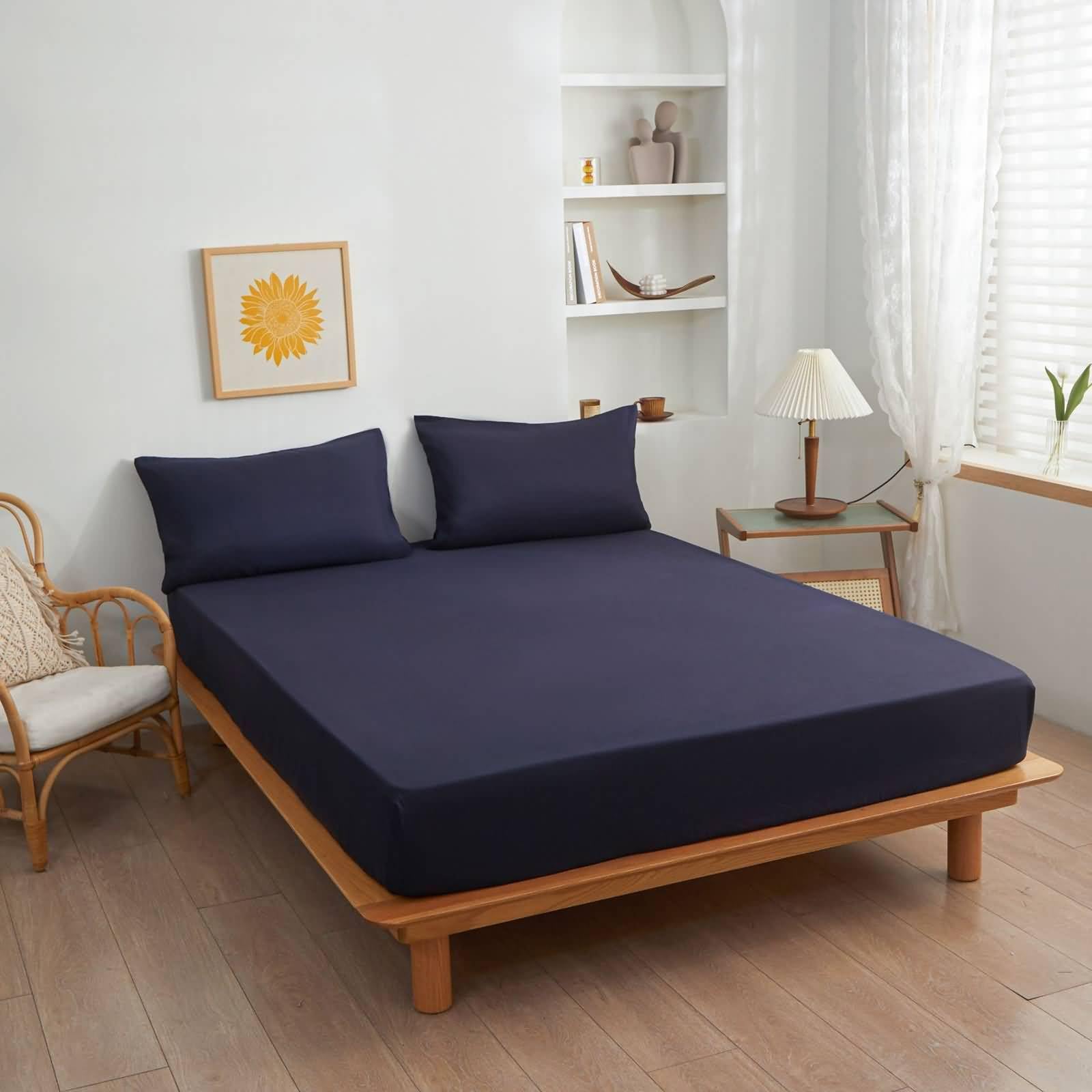 KnSam Sábana bajera con 2 fundas de almohada de 100 x 200 cm, juego de sábanas, sábana bajera ajustable de un solo color azul marino, textiles clásicos, sábanas de poliéster para cama con somier y