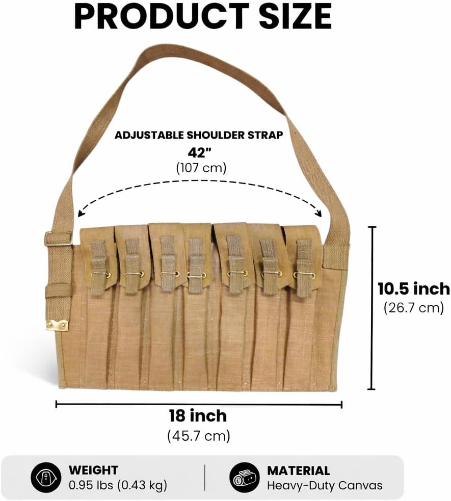 100% Canvas 7 Pocket 9mm Shoulder Bandolier Magazine for Britishers with Adjustable Strap & Flap Closure - Light Khaki