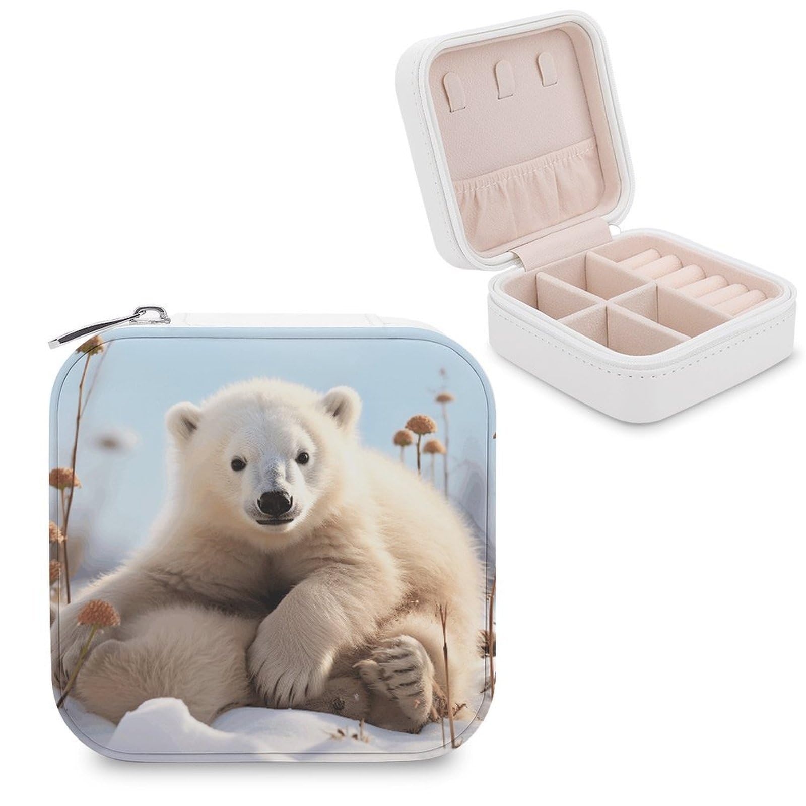 VstaDank Cute Polar Bear Animals Travel Jewelry Case Zipper Portable Small Jewelry Box Custom Pu Leather Mini Traveling Jewelry Organizer for Rings Earrings Necklace Bracelet Girls Women
