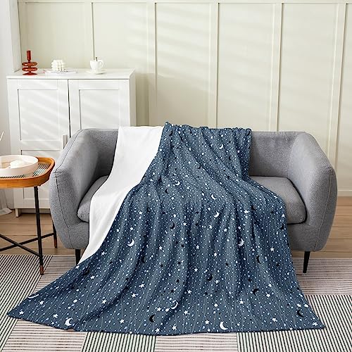 Erosebridal Starry Sky Blanket Twin 60x80 Inch, Galaxy Throw Blanket, Moon Night Twinkle Stars Fleece Blanket, Outer Space Lines Cartoon Polka Dots Blue Black White Bed Blanket for Kids Boys Girls