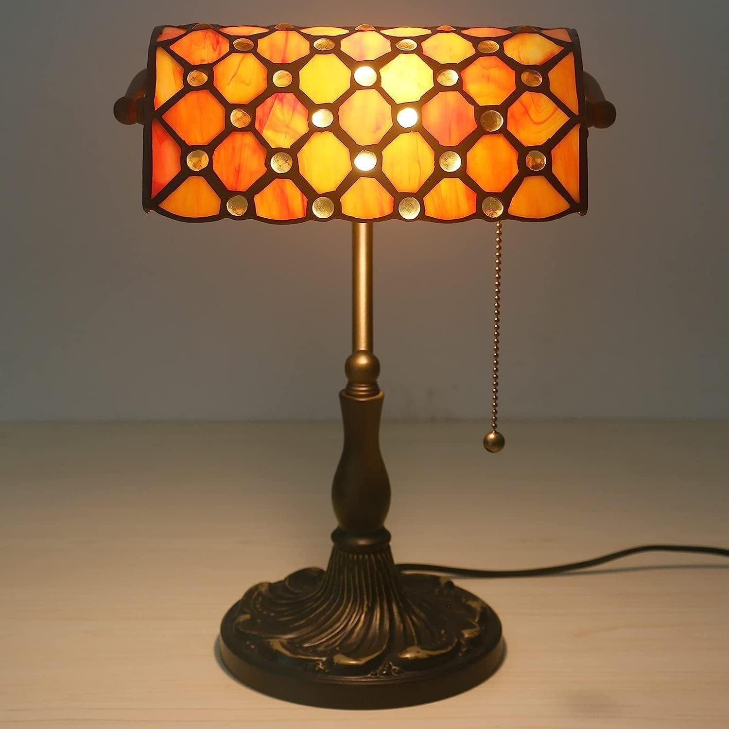 Bankiers Tischlampe, farbige Glaslampe, Kristallperlenschreibtischlampe, Schlafzimmer in der Nacht Leselampe (orangefarbener gelber Glasperlenschatten) Innovate