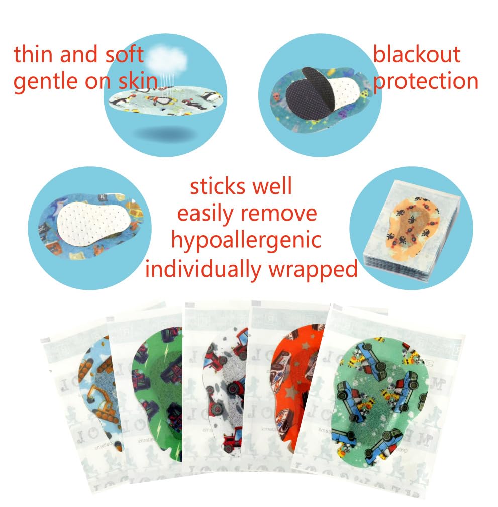 Selbstklebende Augenklappen für Kinder, 66/bx, Reg-Größe, 5 Autos Design | Klebebandagen für Amblyopie, atmungsaktiv, Lichtblock, einzeln verpackt, keine klebrigen Rückstände, Belohnungsposter