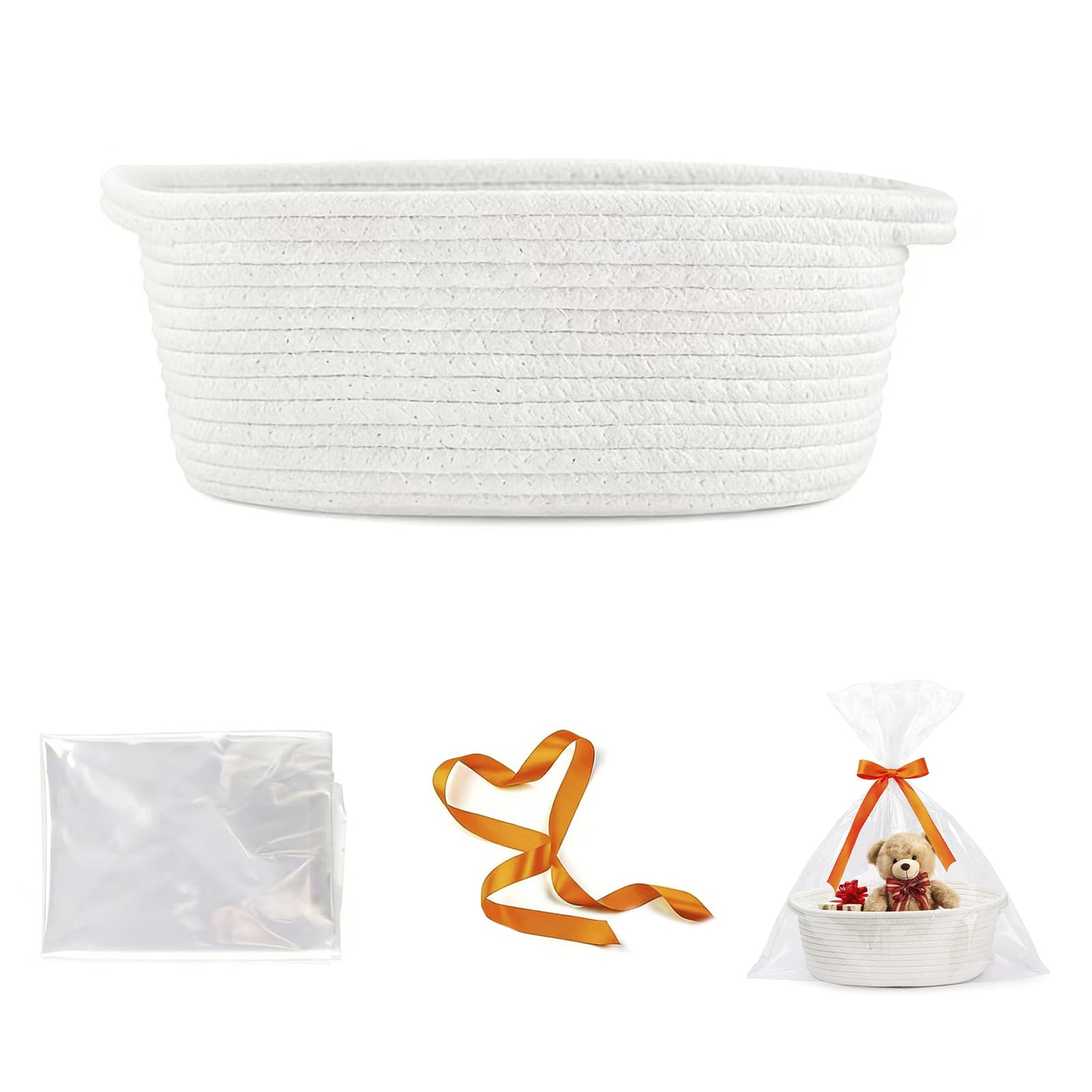 Panier cadeau vide tressé avec sacs cadeaux et rubans, panier de présentation vide pour fête prénatale, anniversaire, mariage, Pâques, Thanksgiving (blanc)