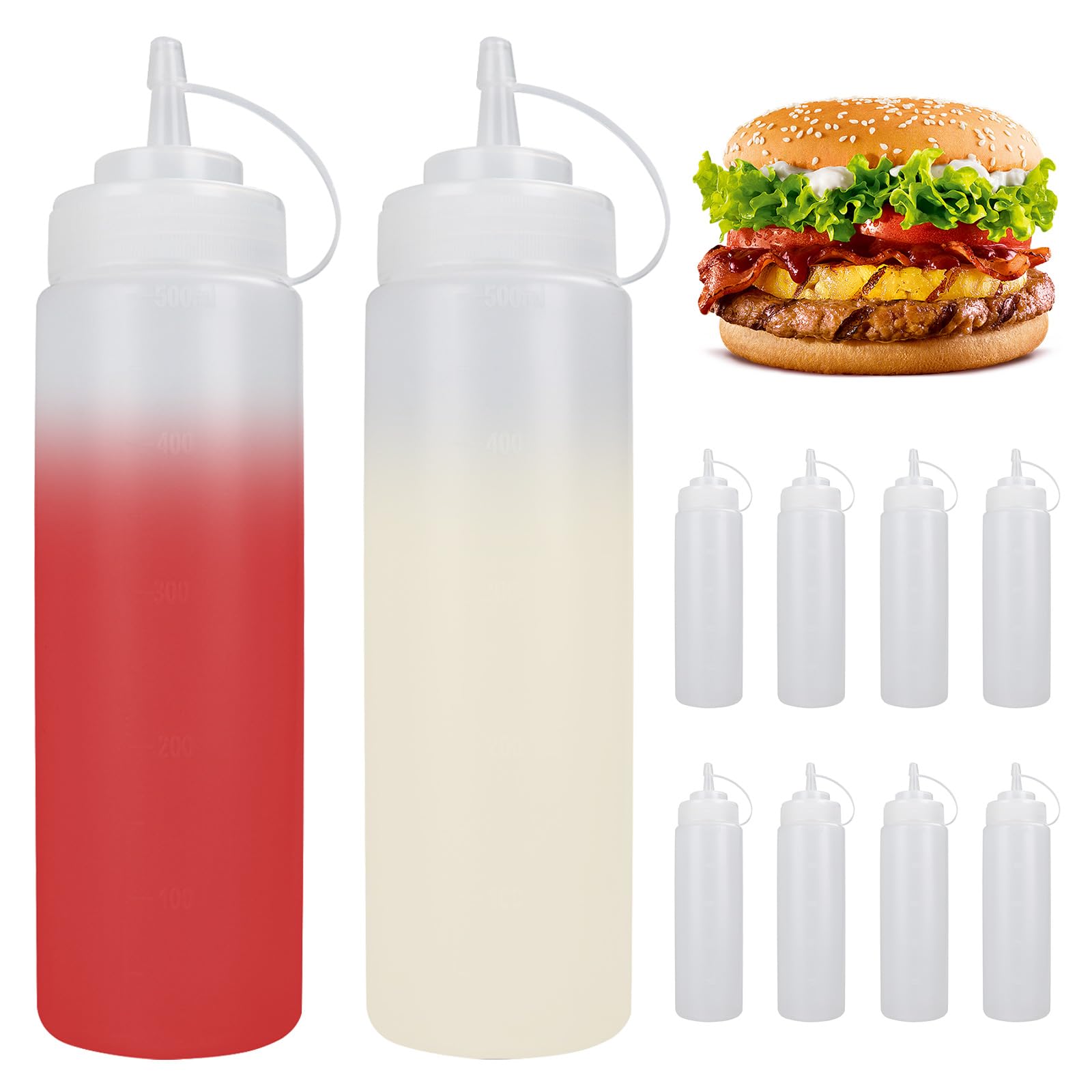 10 Stück Squeeze Flasche 500 ml/16 oz, Plastik Quetschflasche mit Kappen BPA Frei Saucenflasche für Ketchup, Senf, Mayo, Soßen, Olivenöl