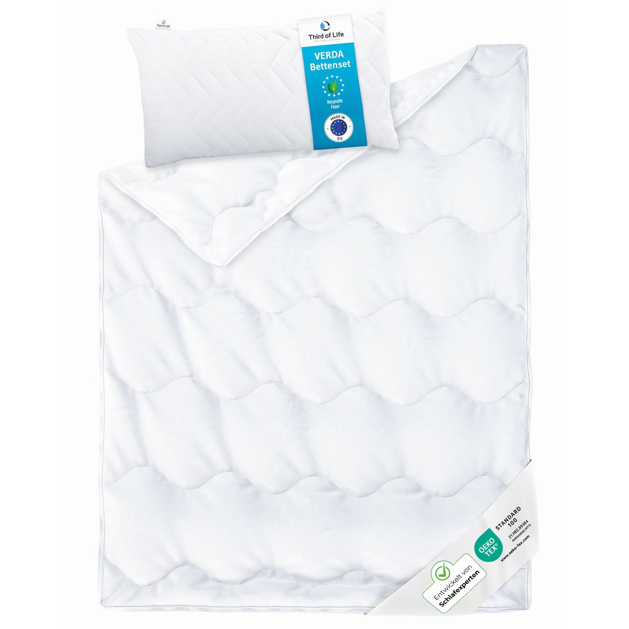 Third of Life Betten-Set – Ganzjahres-Bettdecke 135x200 + orthopädisches Kissen 40x80 Verda – 100% nachhaltig & thermoregulierend, Decke mit Kopfkissen für Allergiker, Bettdecken-Set 2-teilig