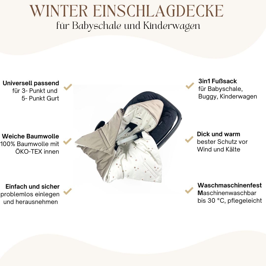 Einschlagdecke für Babyschale Autositz 80x80 cm Ganzjahresdecke Universal Klettverschluss 3-Punkt-Gurt Biene Beige