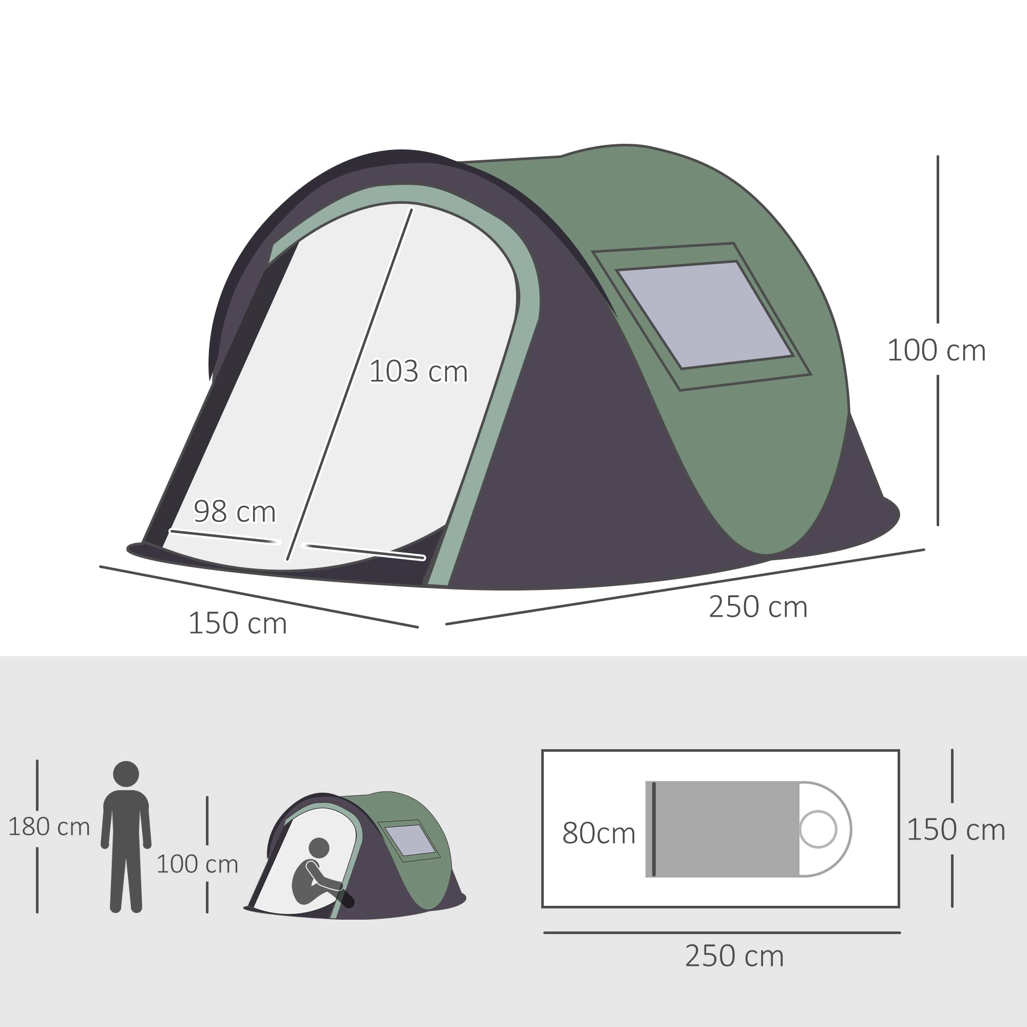 Outsunny Tienda de Campaña Pop-up Impermeable 3000 mm Anti-UV 250x150x100cm para 1-2 Personas Verde