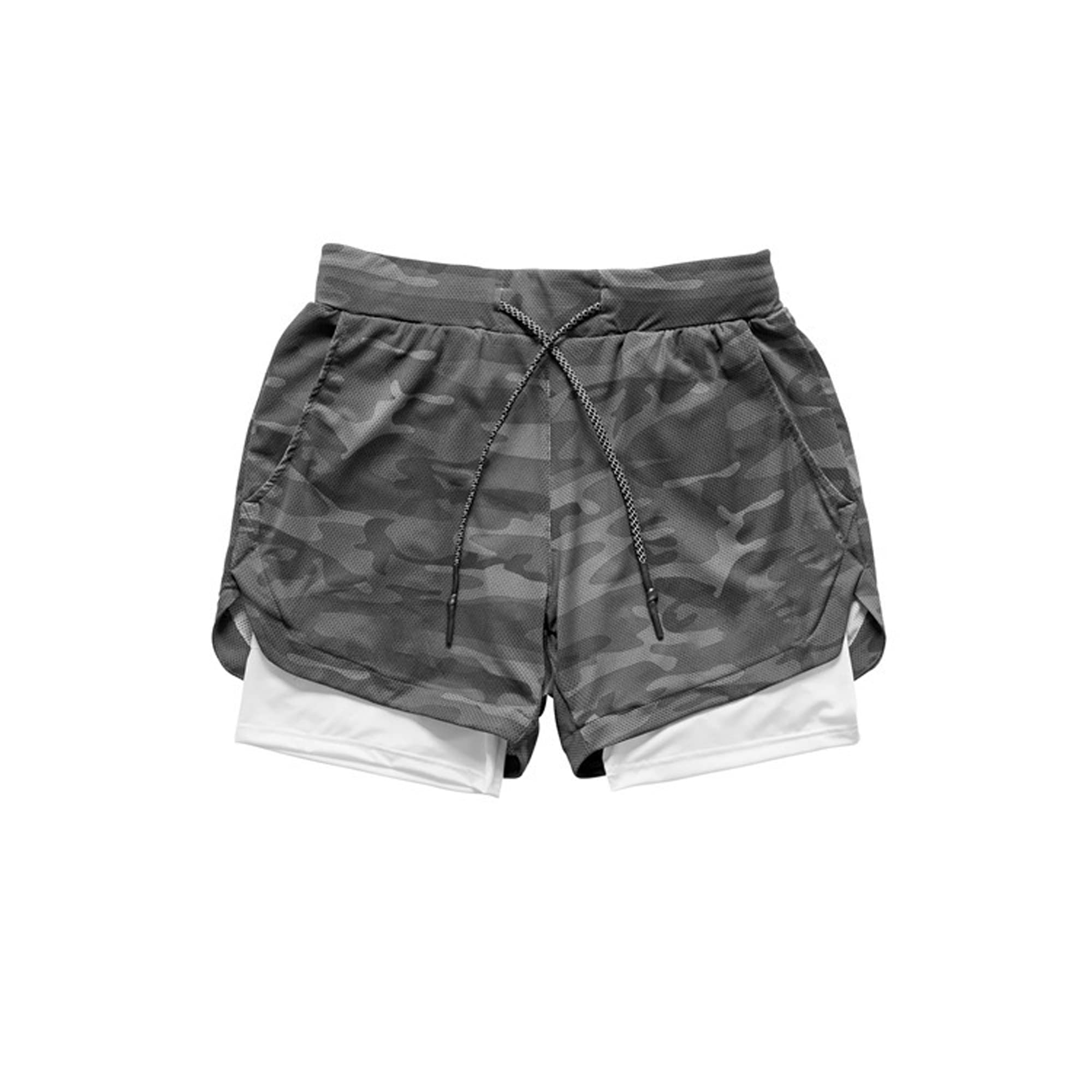 Jueshanzj Men's Double-Layer Breathable Jogging Shorts Sports Casual Outdoor Solid Color Fitness Pants Grey Camouflage XL
