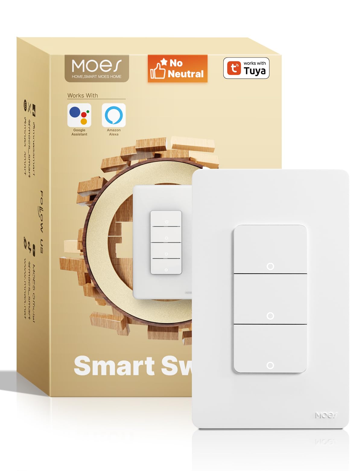 WiFi 3 Gang Light Switches, Smart Triple Single Pole Switch, No Netural Wire No Hub Required, 2.4GHz Switch Combo Compatible with Alexa Google Assistant