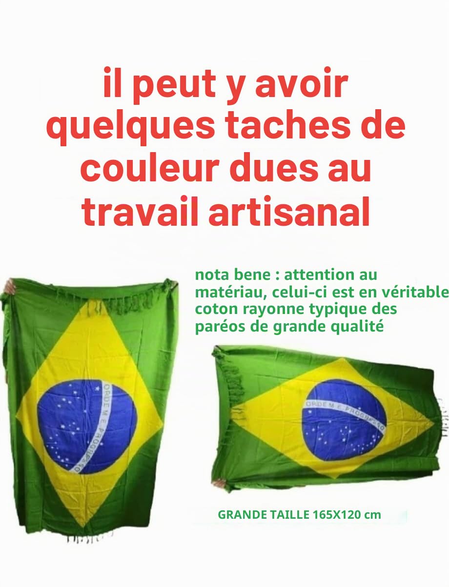 Pareo mer drapeau Brésil fleur en coton Rayon, 165 x 120 cm avec Frange + 1 amulette