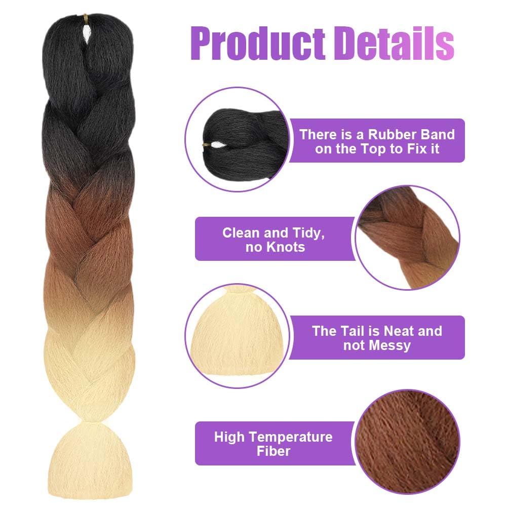AUYAO Braiding Hair Extensions, 3Pcs Gradient Braid Hair Extension, Jumbo Braids Hair Extension Synthetic Wig - Image 3