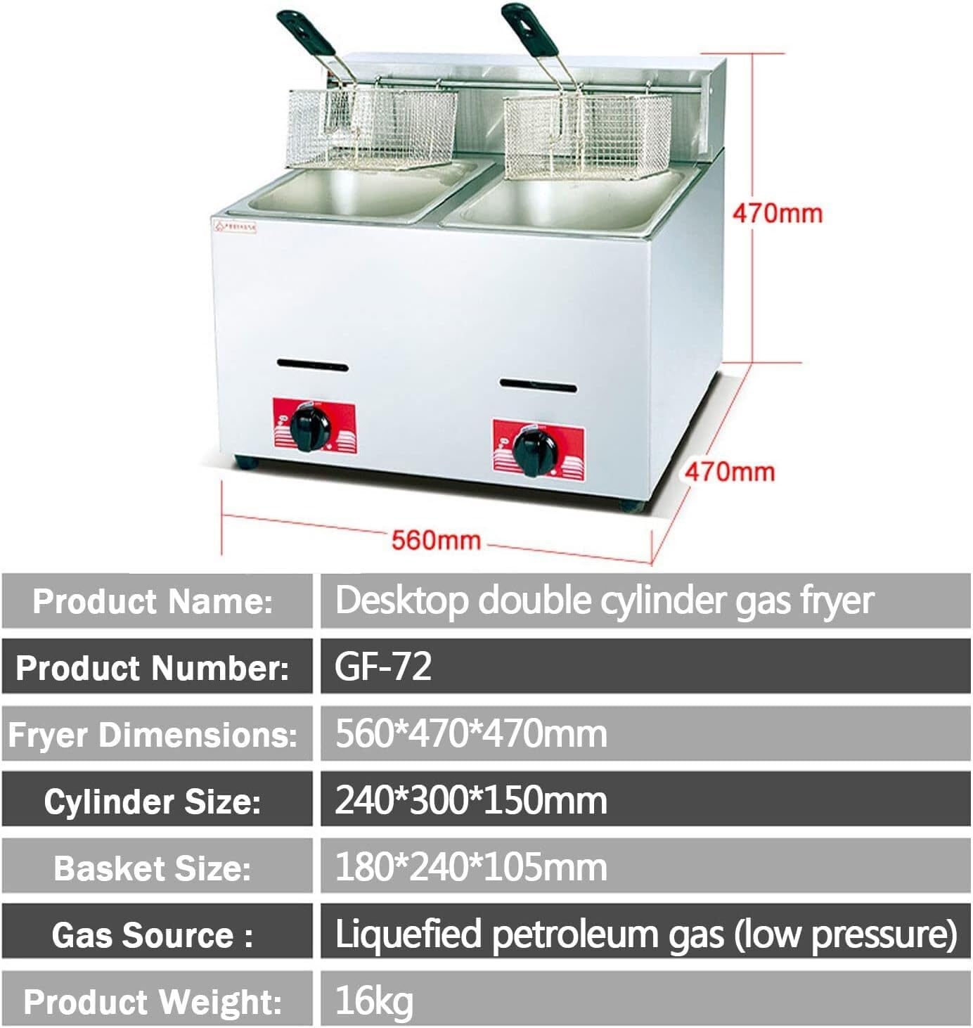 Friggitrice a GPL in acciaio inox, autoportante con controllo della temperatura e coperchio, friggitrice a gas di grande capacità per cucinare facilmente patatine fritte e altro ancora