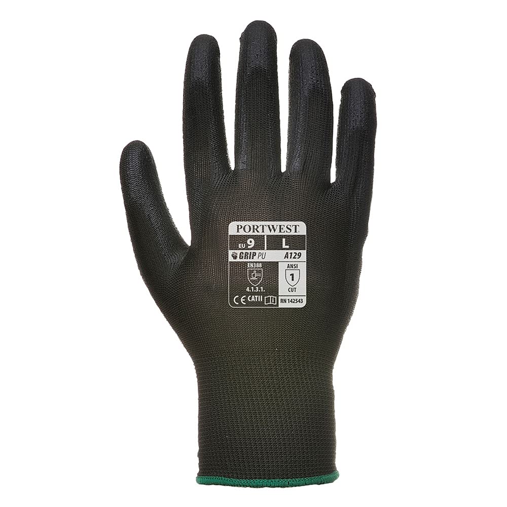 Portwest A129 Gant enduit paume Polyuréthane Jauge 13 Respirant | Noir, S, EN 388 (3131X), EN ISO 21420 Dextérité 5, Revêtement en PU Lisse, Doublure Respirante, Coupe Ajustée, Construction