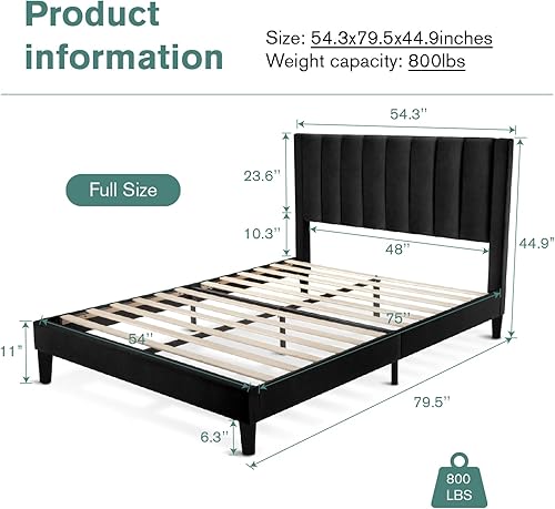 Miniatura 7 de IMUsee Base de cama tapizada de terciopelo de tamaño matrimonial con cabecero, listones de madera fuertes, somier opcional, base de colchón, fácil