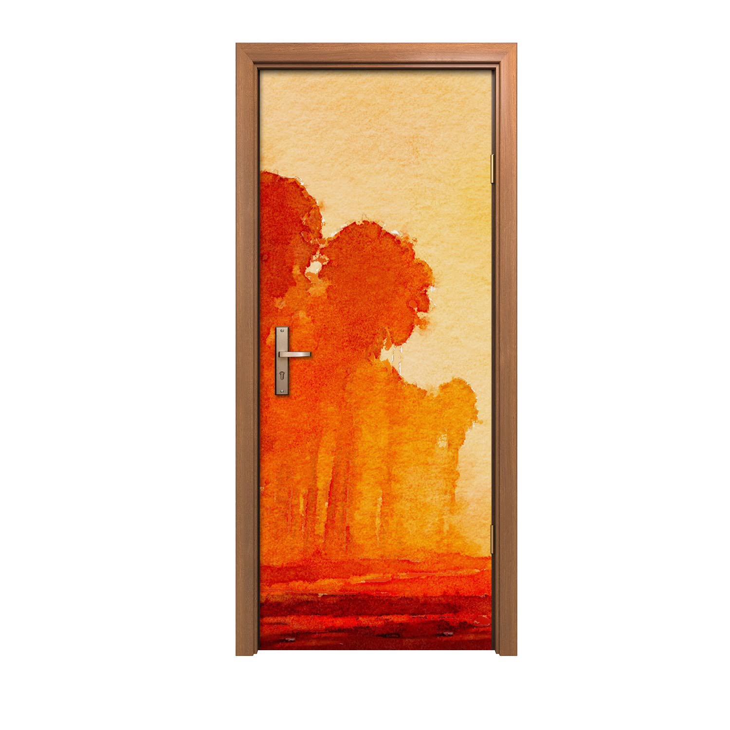 Sticker de porte forêt orange amovible et lavable en vinyle 90x200