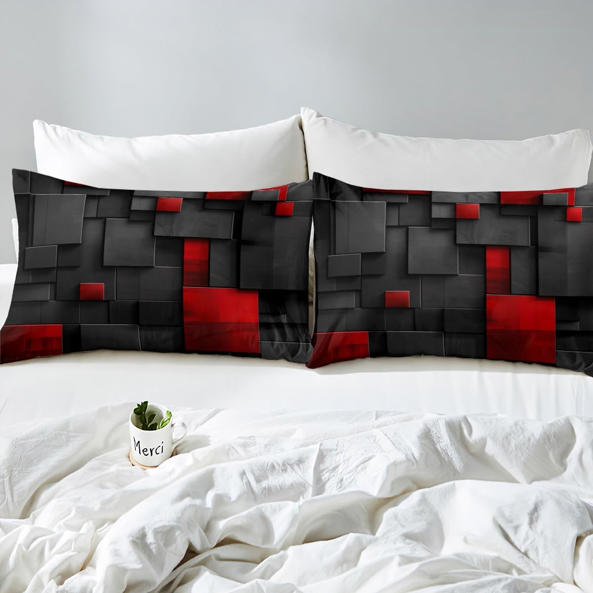 Manfei Abstract Grid Kids Duvet Cover Set Double Size, Red and Black Square Comforter Cover - Image 4