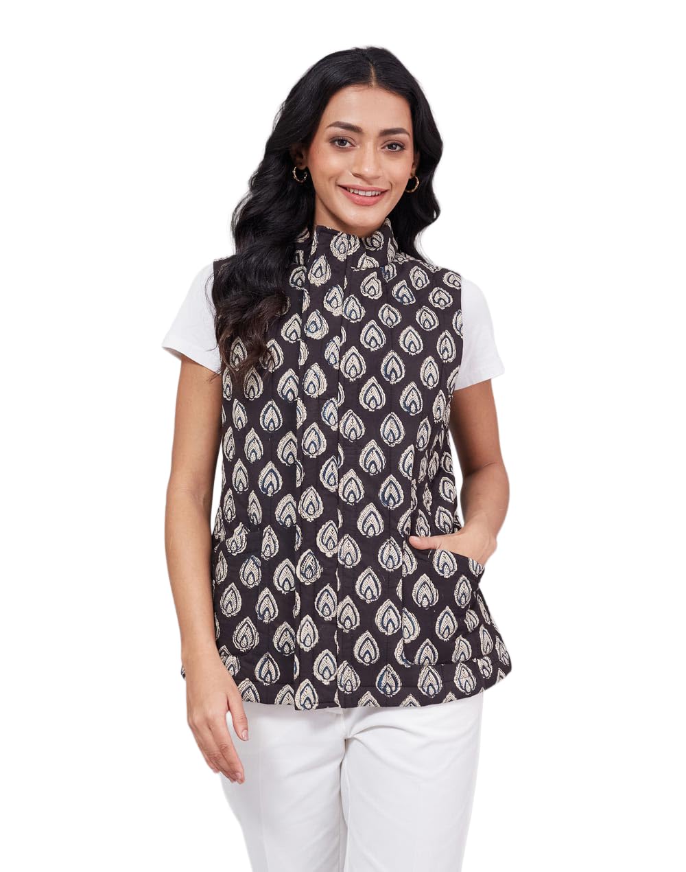 fabindia Women Cotton Black Bagru High Neck Sleeveless Relax Regular Fit Jacket-picture-44