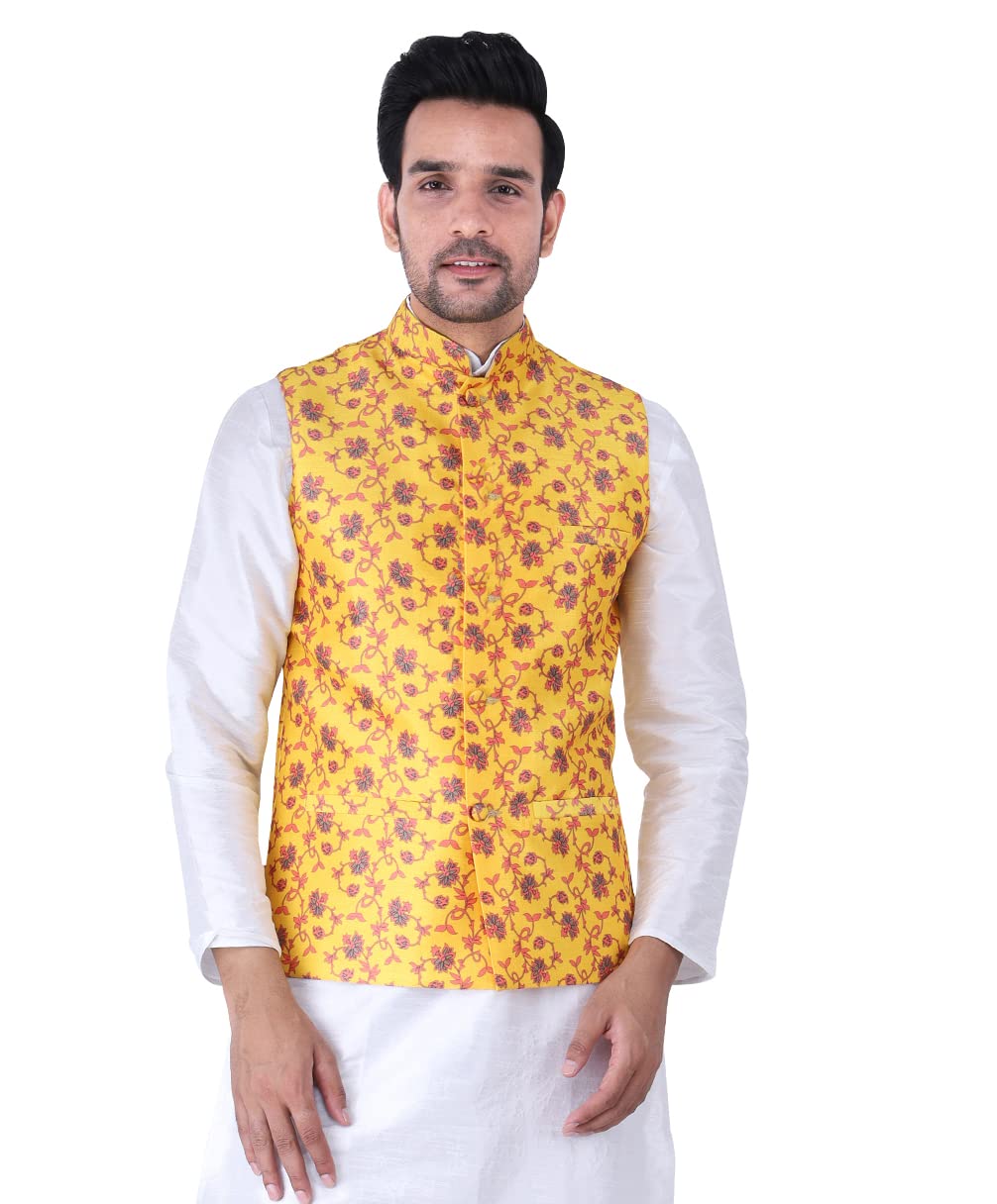 Sadree Men's Floral Print and Jaquard Design Satin & Silk Fabric Sleeve Less Regular Fit Nehru Jacket/Modi Jacket