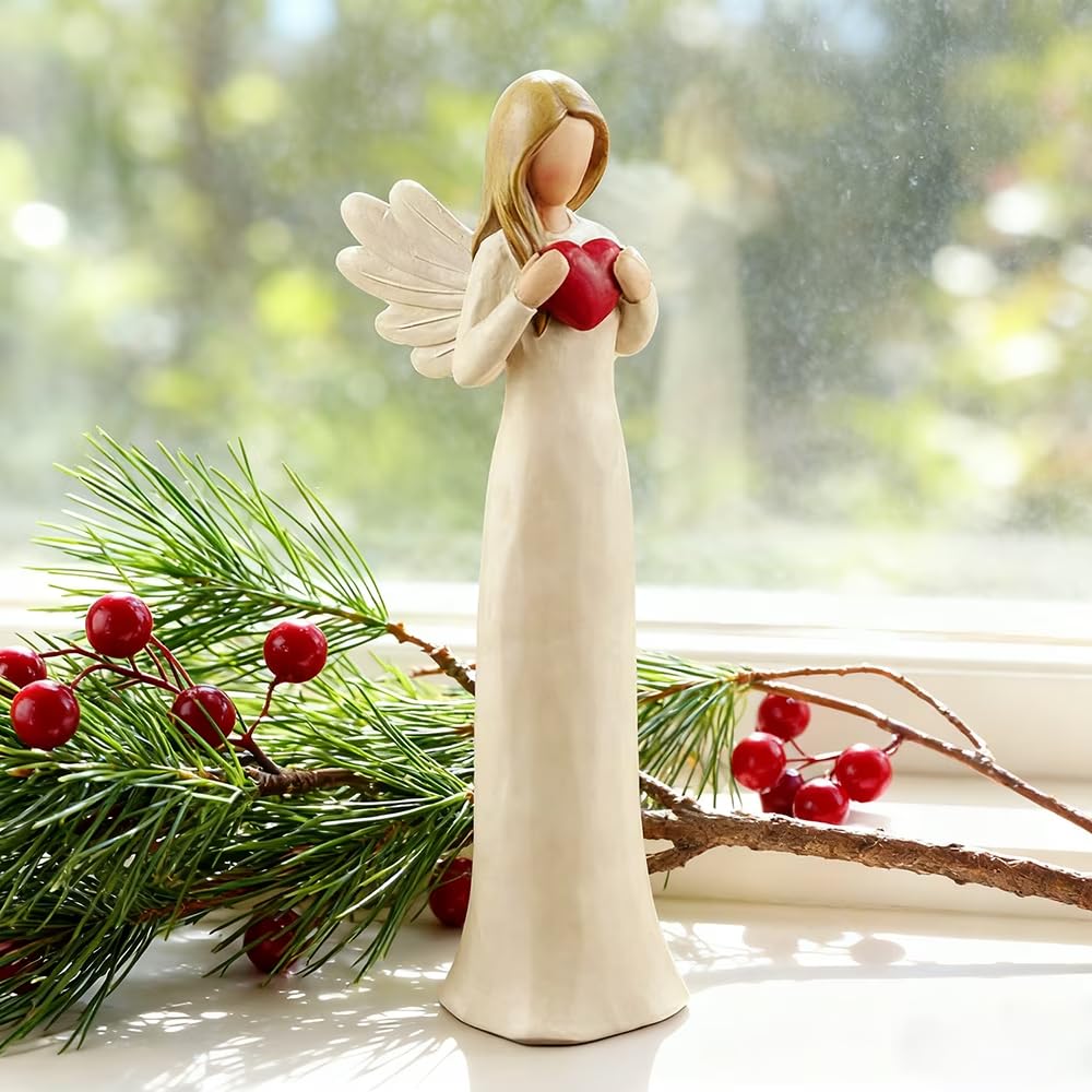 DurableDelights 7.48" Angel Figurines for Women - Resin Guardian Angel Statue Holding Red Heart, Gift for Thanksgiving, Wedding, Christmas Home Decor Ornament, Memorial Gifts