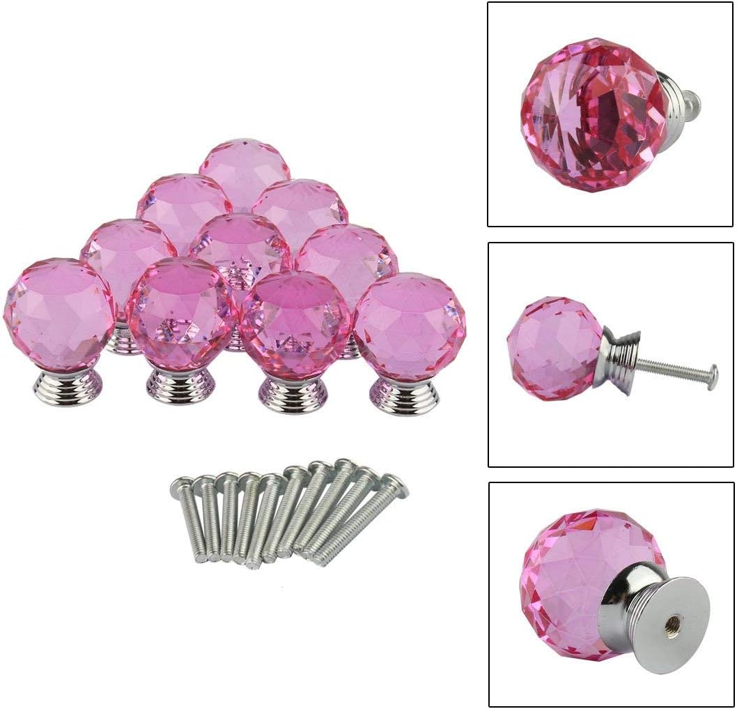 10 Pcs Dresser Crystal Knobs 30mm Glass Pull for Cabinets and Drawers Knobs for Dresser Drawers and Kitchen Pink