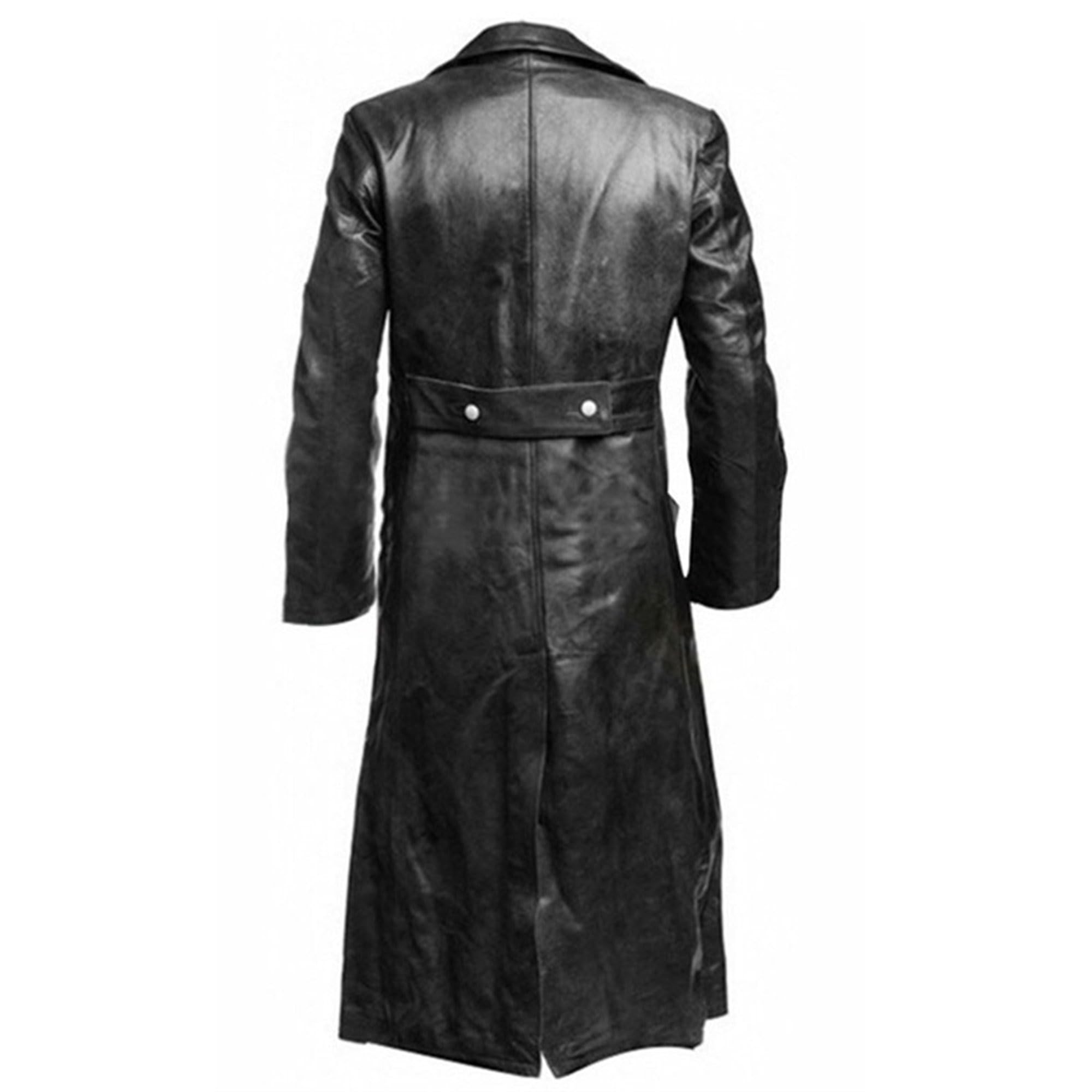 Männer Zweireihige Leder Trenchcoat Militär Uniform Volle Länge Mantel Vintage Motorrad Lange Jakcet
