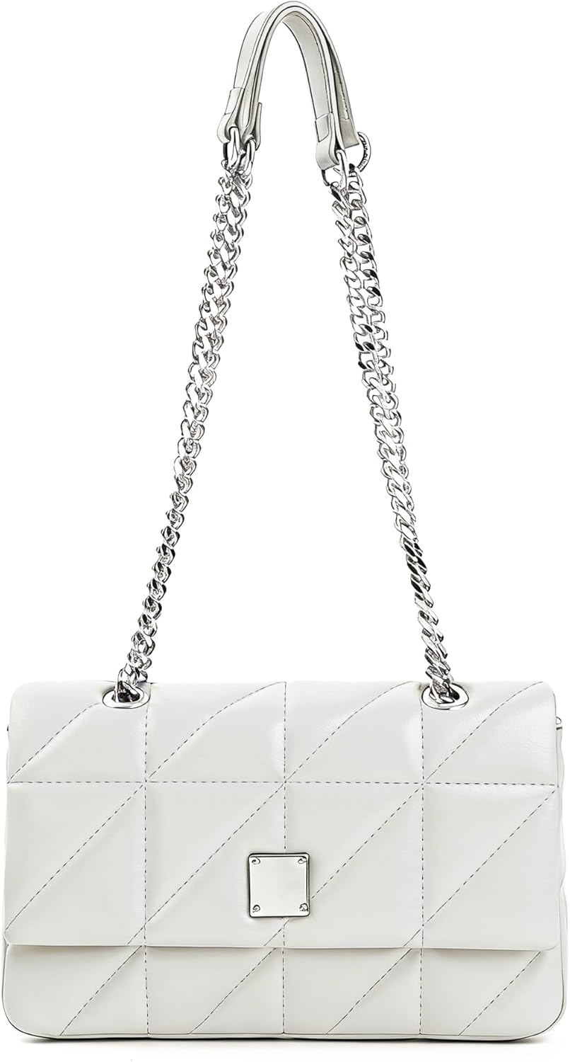 Quilted Shoulder Bag for Women, Vegan Leather Crossbody Bag with Chain Strap, Magnetic Flap Closure Purse