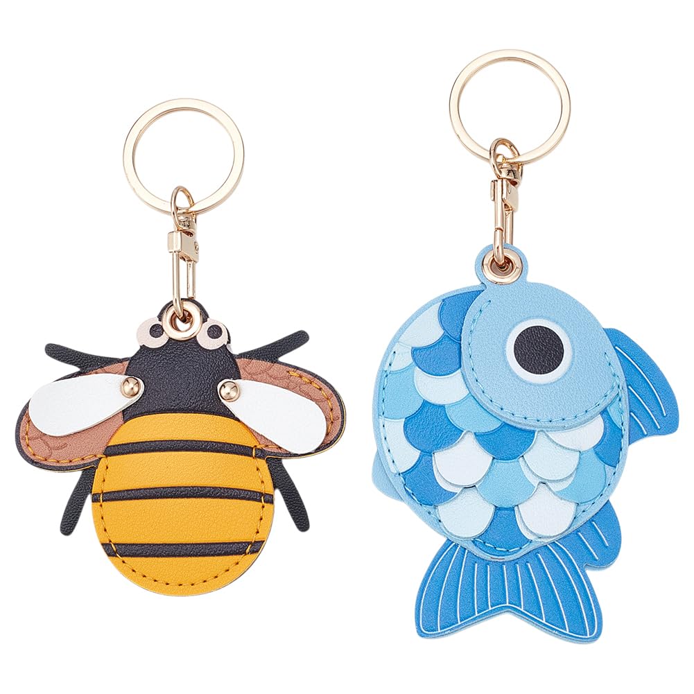 nbeads 2 Stück 2 Stilen Schlüsselanhänger Etui Aus Leder, Universeller Smart Tag Halter Mit Schlüsselringen Niedliche Tracker Schutzhülle Für Geldbörse Schlüssel Tasche Haustiere Gepäck (Fisch Biene)