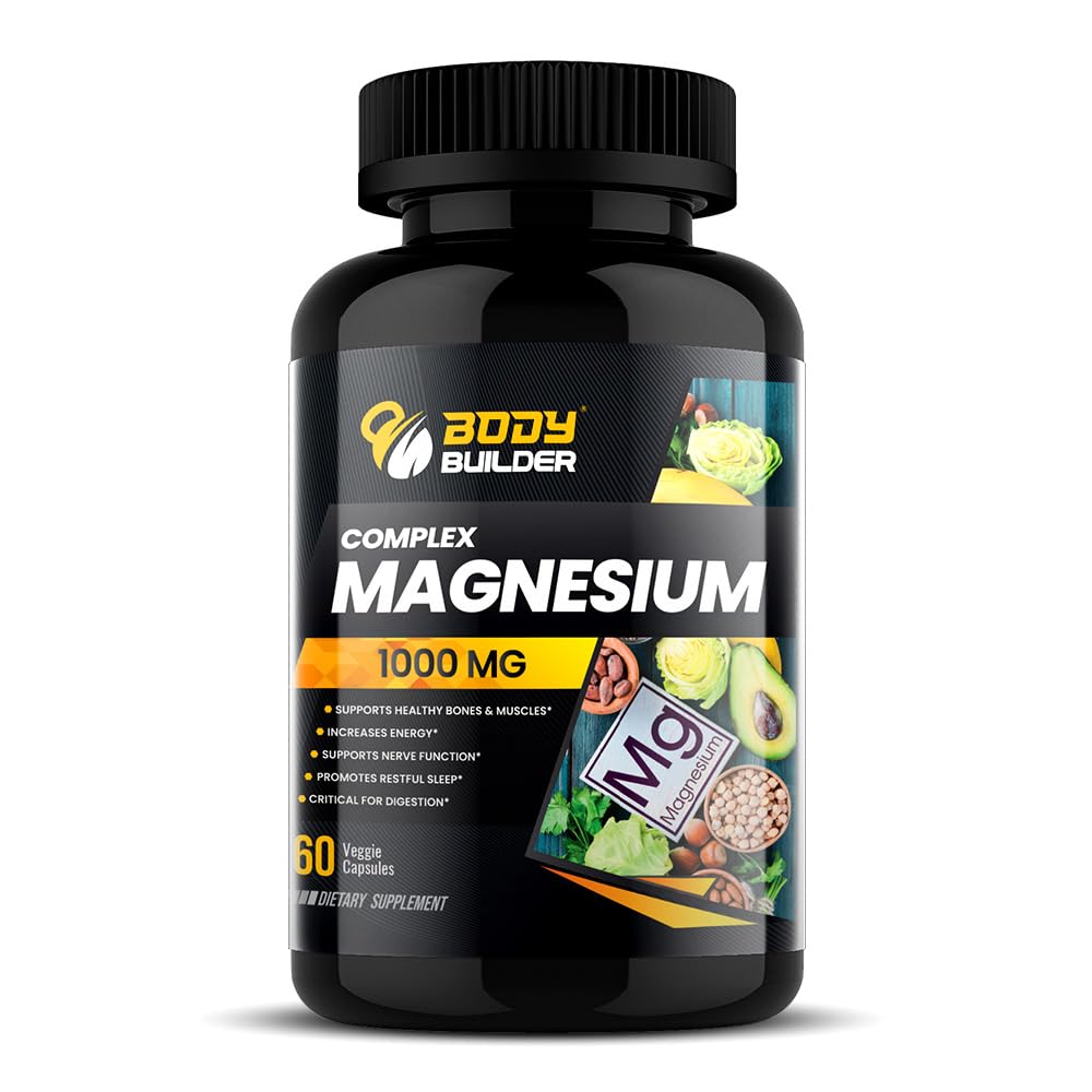 Body Builder Magnesium 1000mg Capsules - Bone, Muscle & Nerve Support - Energy Boost & Sleep Aid - Support Digestion - 60 Veg Caps