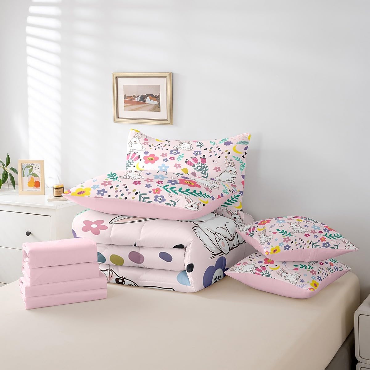 Erosebridal 7 Piece Bed in a Bag Queen Size Comforter Set Floral Rabbit Bedding Set,Cute Bunny Animal Flower Reversible Design,Soft Microfiber Comforter with Sheet Set,All Season(Pink,Queen)
