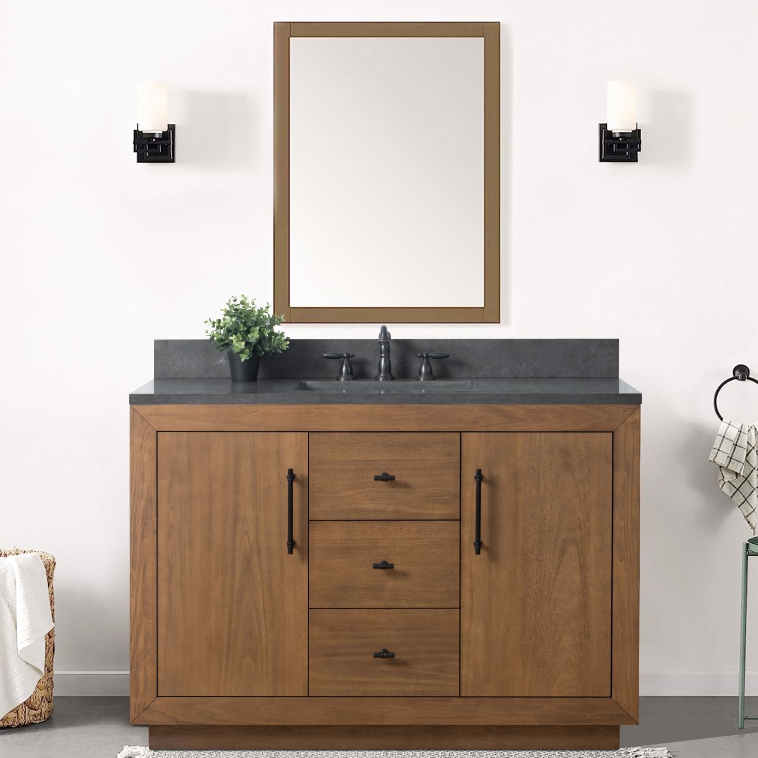 Vanity Art 48 inch Bathroom Vanity with Single Sink, Modern Wood Bath Vanity with Black Carrara Marble Top, Vanity Cabinet with Doors， Removable Shelf, Solid Wood, Ceramic Sink, Tan, VA7048B