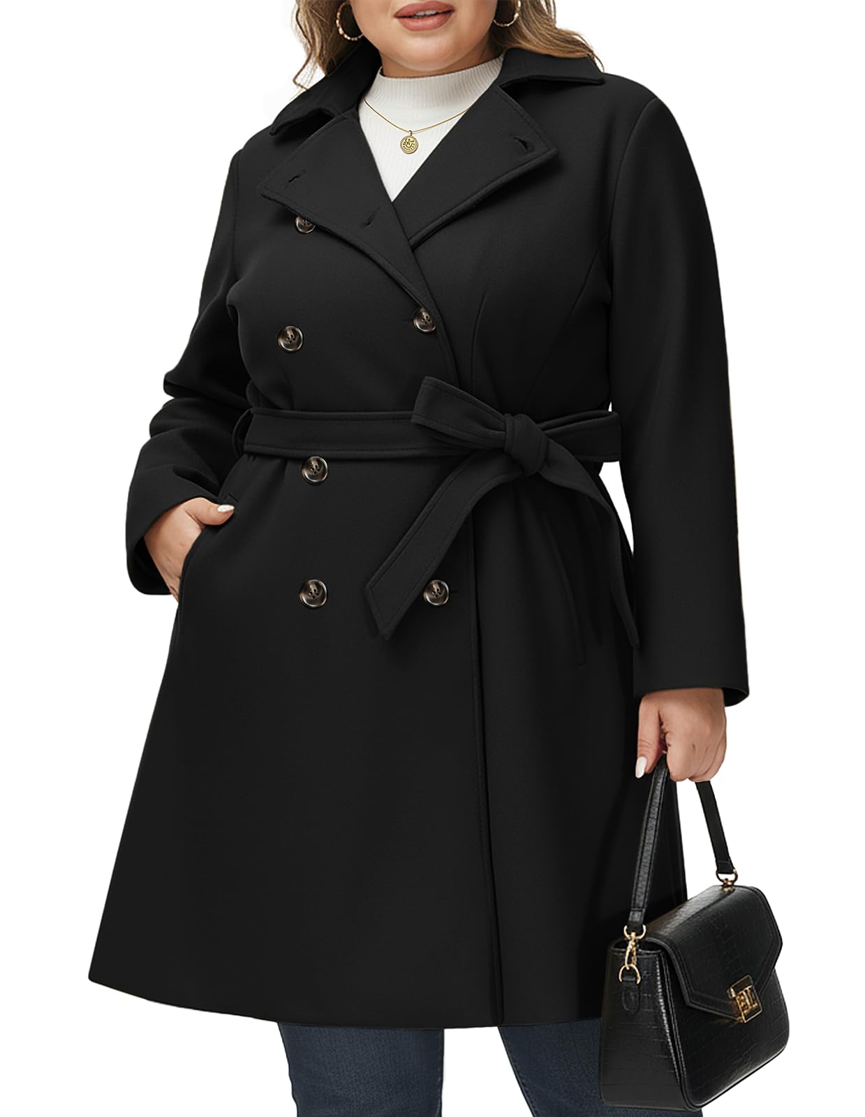 Hanna Nikole Women Plus Size Double Breasted Wool Pea Coat Notch Lapel Trench Coats Mid Long Winter Outerwear