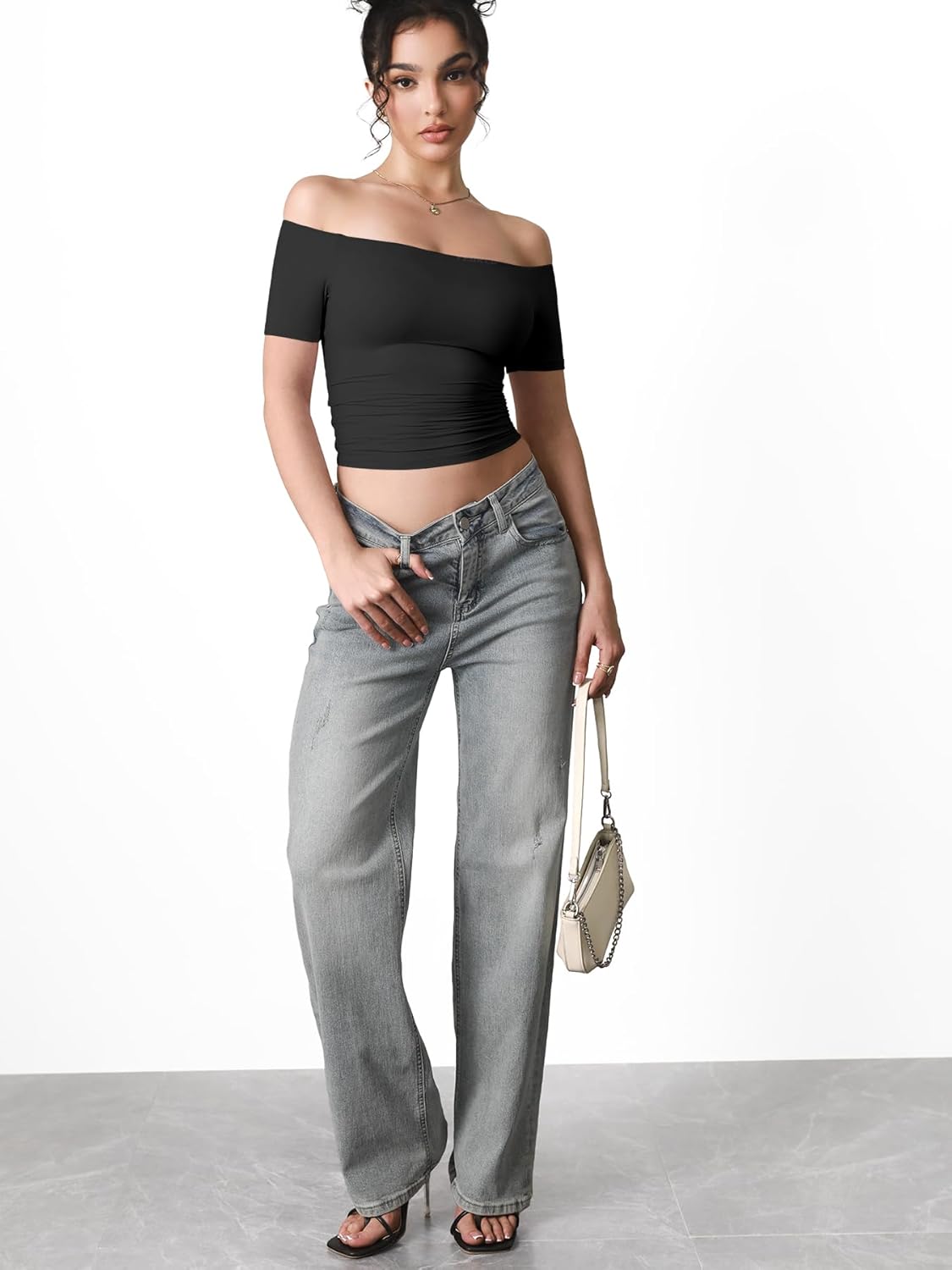 YEOREO Sophie Women Off Shoulder Crop Top Summer Short Sleeve T-Shirts Y2K Double Lined Fit Basic Tee Going Out Cute Tops - Image 5