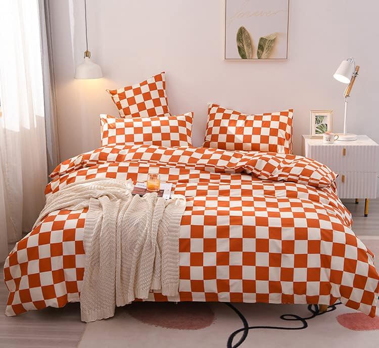 Image of KAREVER Orange White Grid Comforter Set Full Burnt Orange Plaid Bedding Set Girls Reddish White Checkered Bed Blanket Set Kids Breathable Durable Bedding Comforter Set