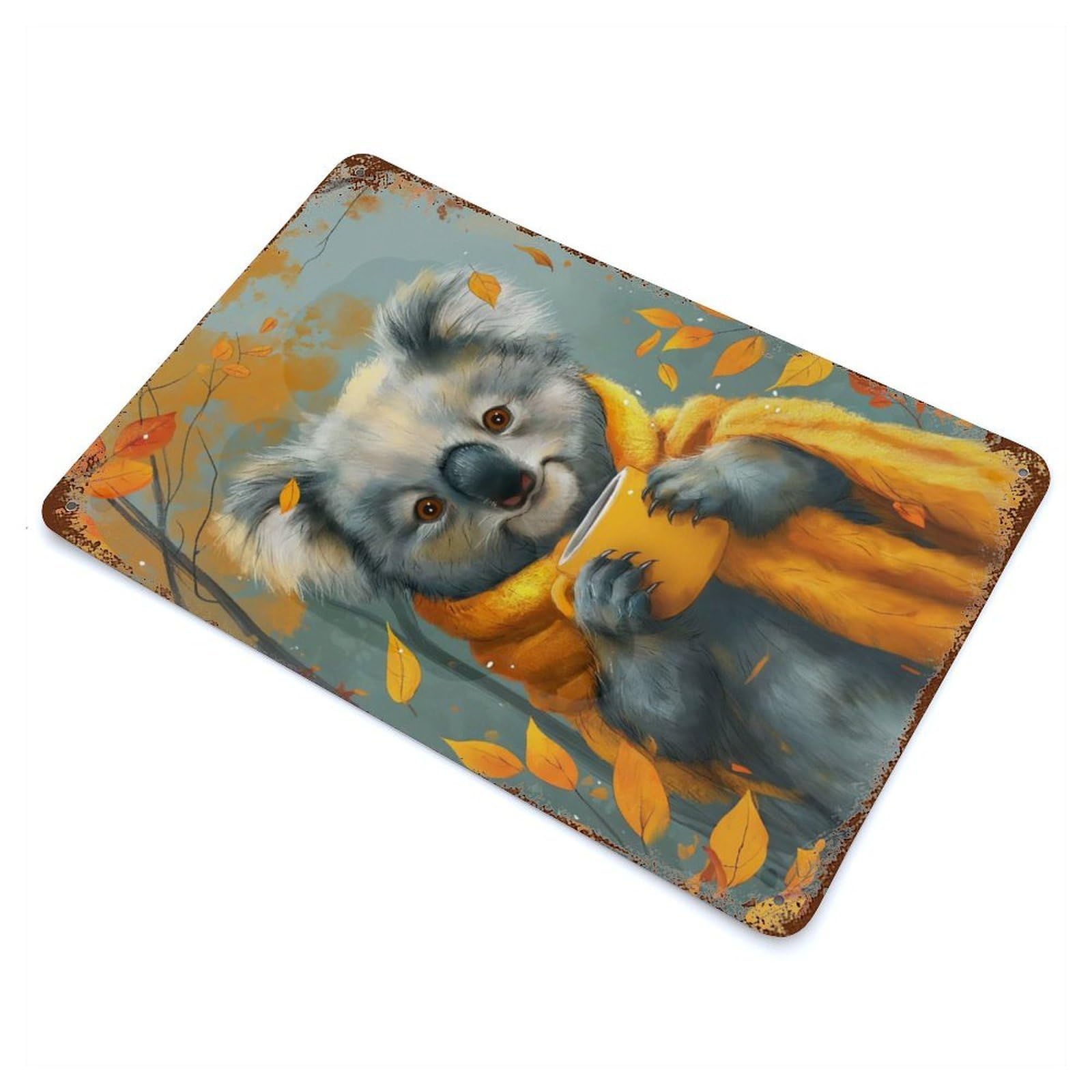 Distressed Metal Wall Sign Koala with Tea Cup 11.8"x7.9", Old School Wall Decor for Bistro, Counter And Cafe Decor