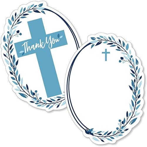 Big Dot of Happiness Tarjetas azules elegantes en forma de cruz – Fiesta religiosa niño nota de agradecimiento con sobres – Juego de 12