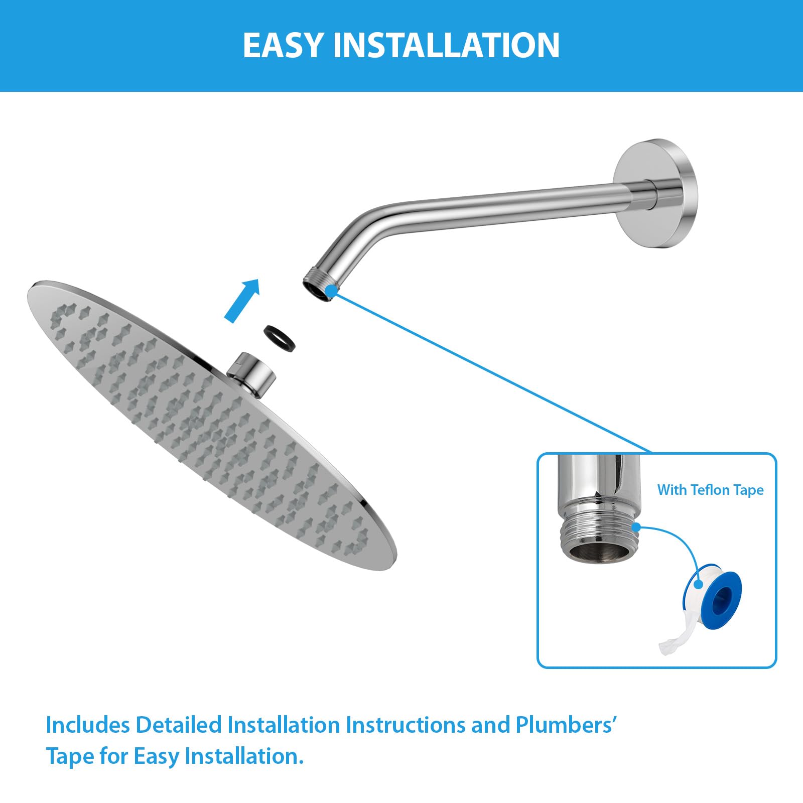 Lordear Shower Arm 10 Inch Polished Chrome T304