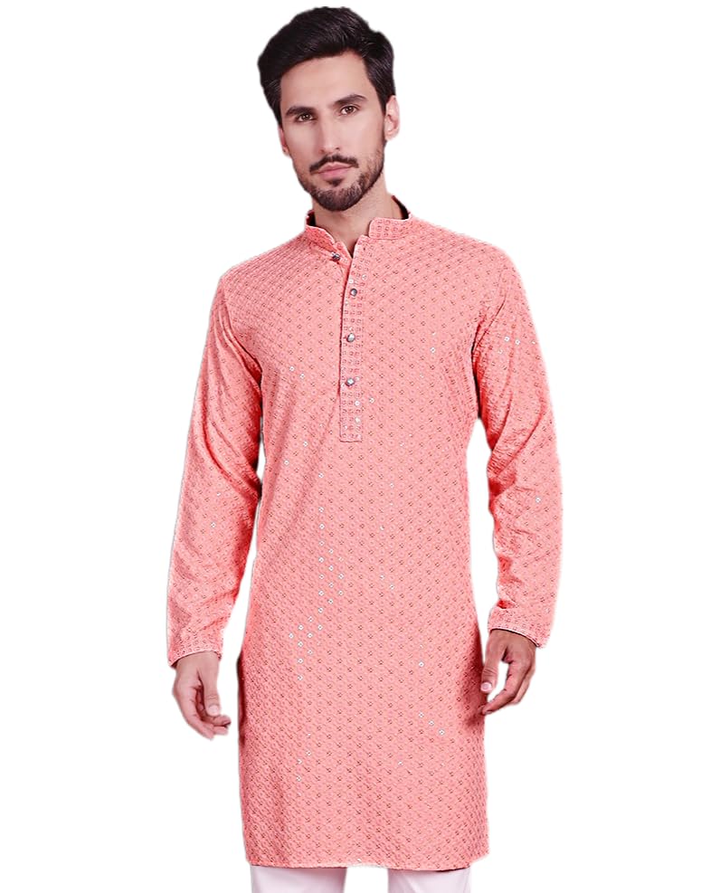 Jompers Men's Peach Chikankari Embroidered And Sequence Kurtas (Peach, S)