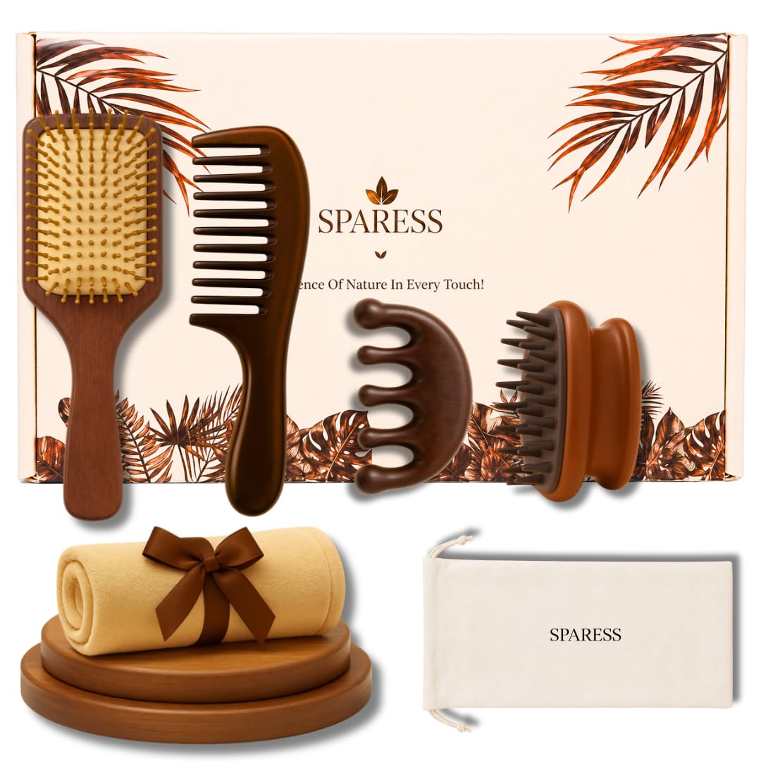 Wooden Hair Brush and Comb Gift Set for Women – Natural Hair Care Kit with Paddle Brush, Wide Tooth Comb, Sandalwood Scalp Comb, Silicone Shampoo Brush & Hair Towel