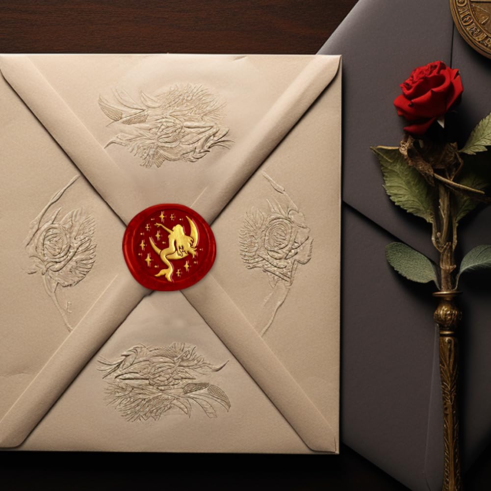 DELORIGIN Moon Mermaid Wax Seal Stamp 25mm Vintage Sealing Stamps Removable Brass Head Seal Stamp with Wooden Handle for Envelope Greeting Card Christmas Invitations Wine Gift Wrapping - Image 3