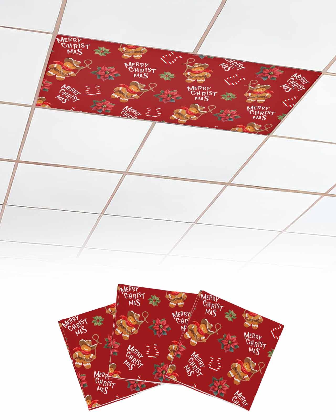 EwdeWwo Christmas 3 Pcs Fluorescent Light Covers for Ceiling Lights, Gingerbread Man Red Poinsettia Magnetic Light Filters for Eliminate Harsh Glare Classroom Office Decoration, 4 x 2 Ft