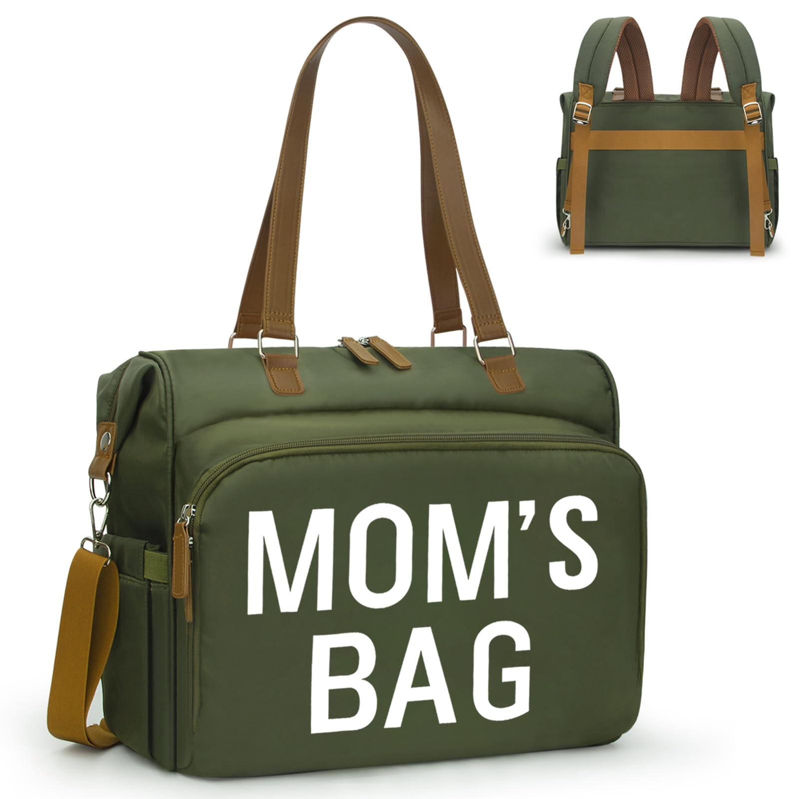 Mom‘s Diaper Bag 4 in 1 Diaper Baby Tote, Hospital Bag for Labor & Delivery, Large Waterproof Baby Travel Weekender with 3 Insulated Pockets,Olive Green