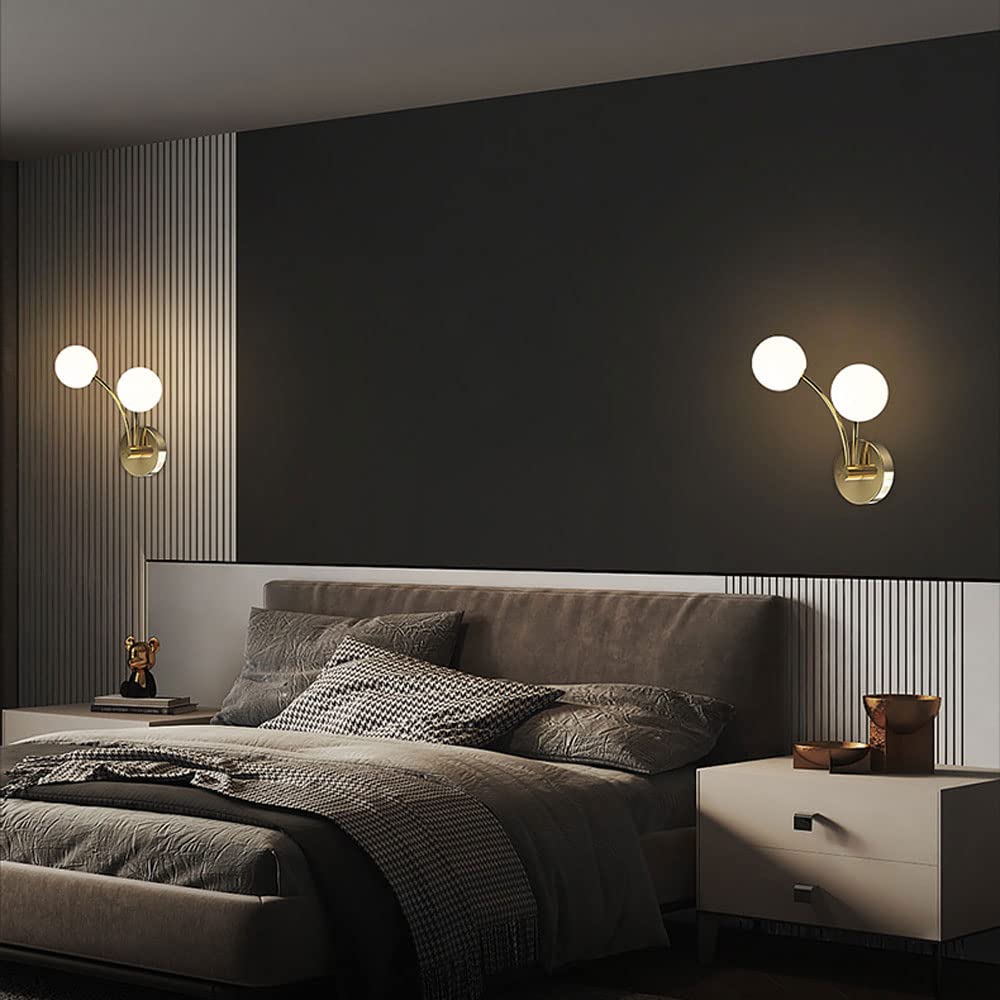 Lampa ścienna, 2 światła kinkiet miedziany lampa ścienna ze szklanym kloszem kuli, wewnętrzna miedziana lampa do montażu na ścianie, lampy ścienne G9 do salonu sypialni przy łóżku