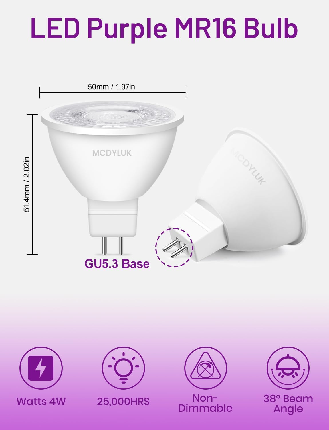 LED MR16 Purple Light Bulb 4W, 20W 35W 50W Halogen Equivalent, 12V Low Voltage GU5.3 Bi-Pin Led Purple Bulbs for Outdoor Landscape Yard Garden Tree Pool Holiday Lighting, 38 Deg, 6 Pack