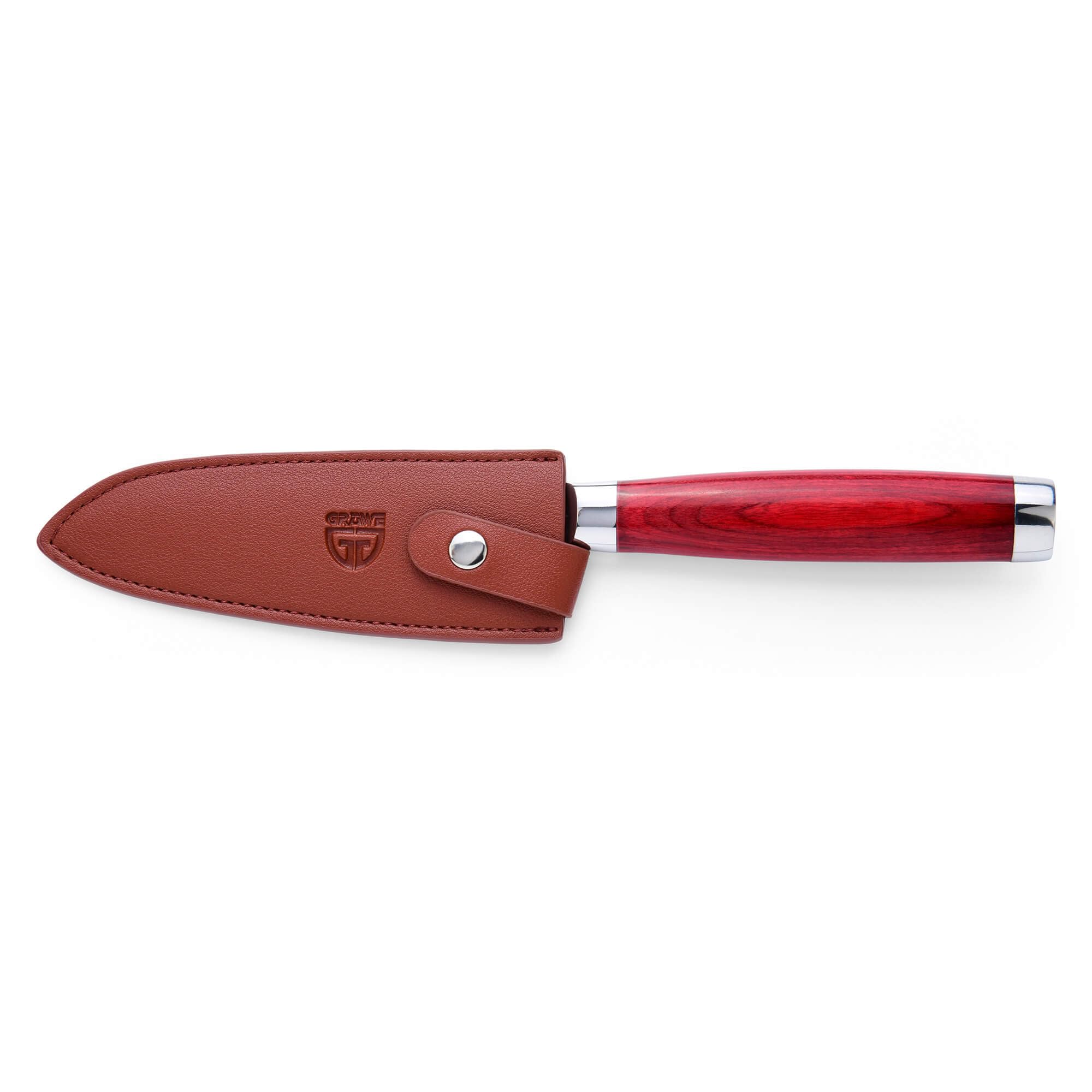 GRÄWE Coltello da cucina Damasco, lama da 12,5 cm, coltello damascati, coltello Santoku, impugnatura in Pakkawood, coltello da cucina molto affilato, incluso astuccio regalo in metallo