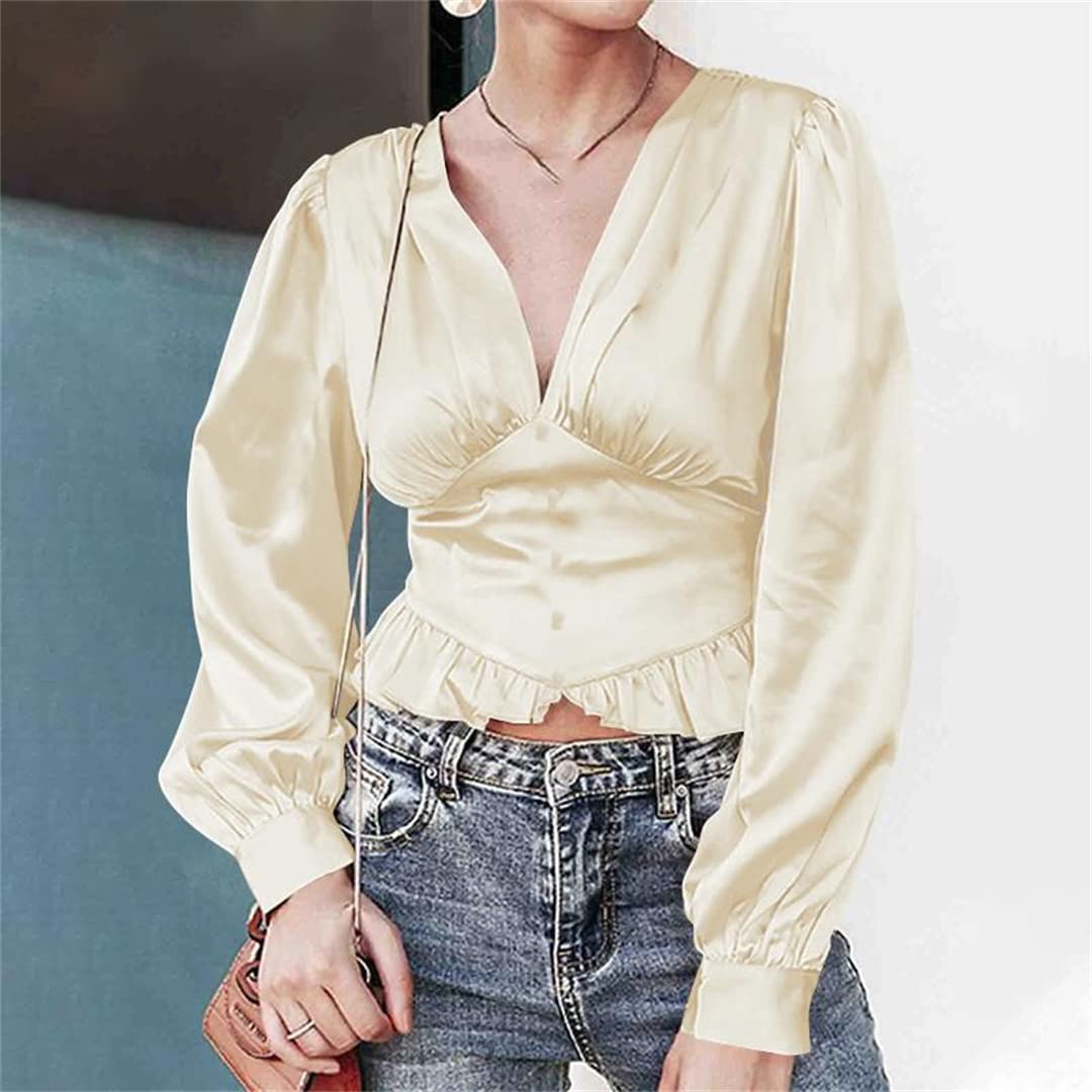 Femmes Soie Satin à Volants Chemise été bouffée à Manches Longues col en V Tuniques décontracté Ample plissé Blouses Black L