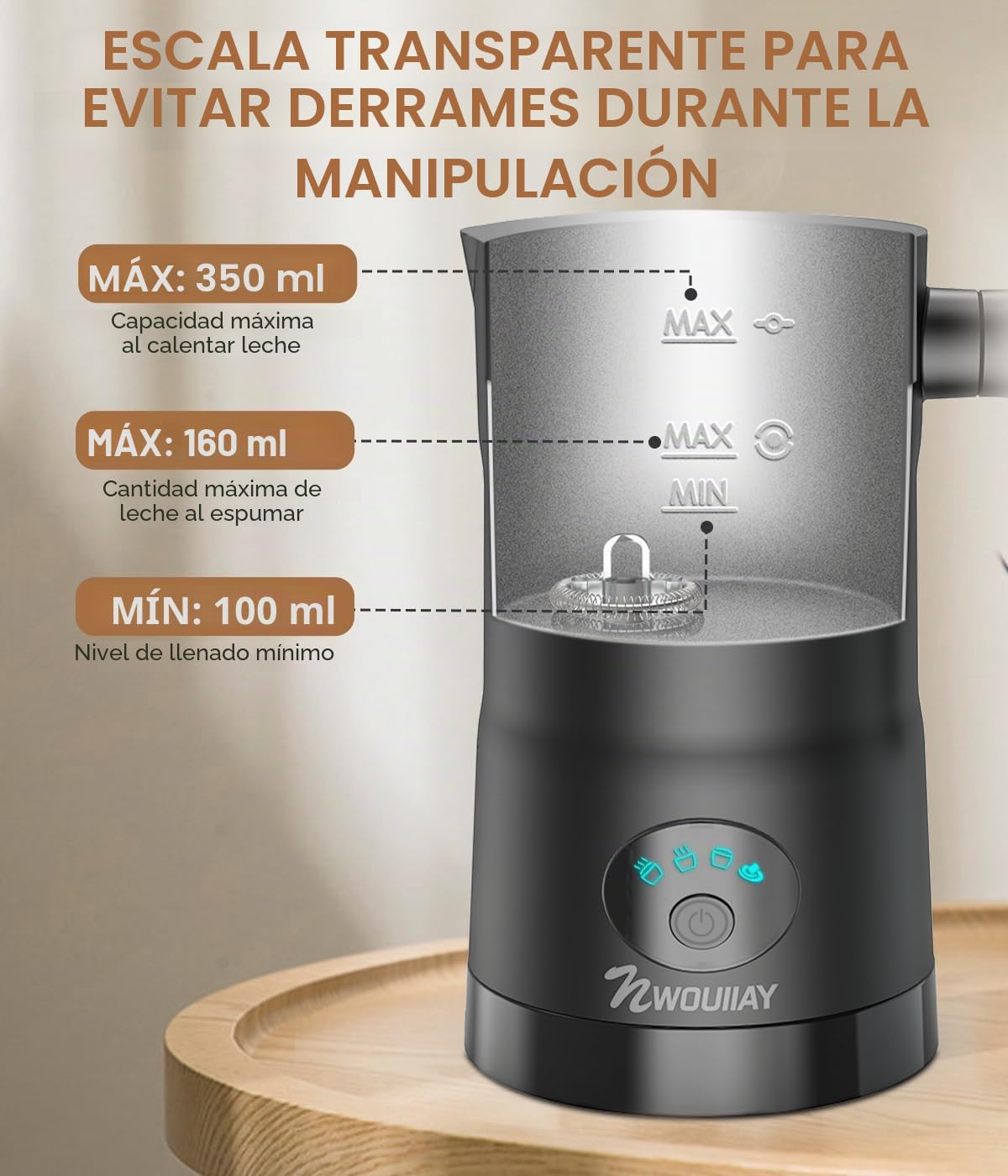 Espumador de Leche 4 en 1 Espumador de Leche Eléctrico 600W 350ml Espuma Caliente/Fría Control de Temperatura Inteligente Calentar Leche y Leche con Chocolate ​para Café Latte Capuchino