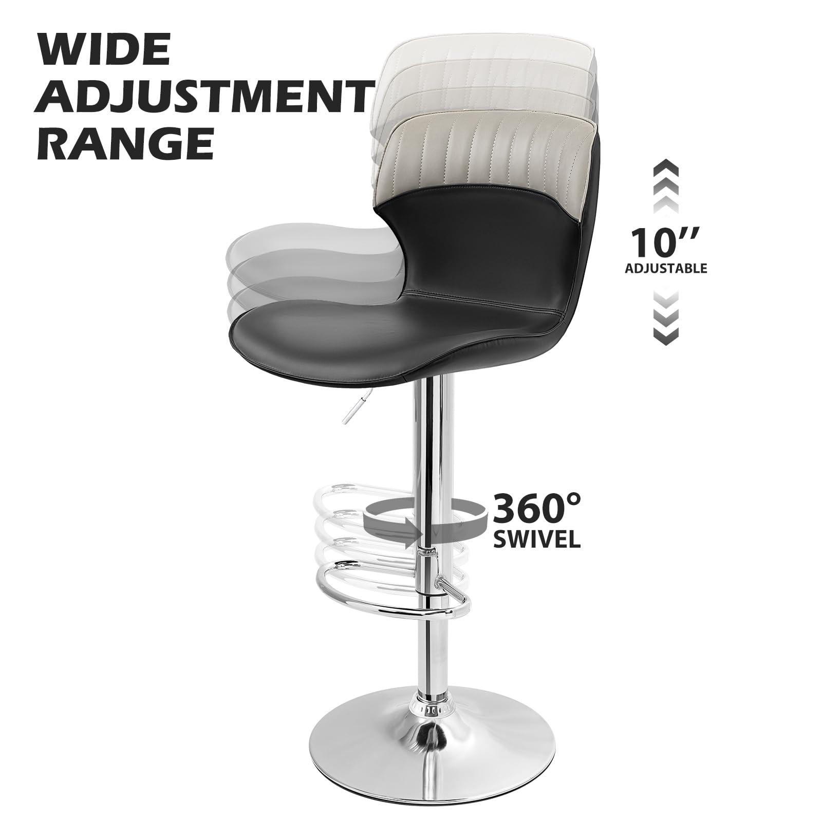 OUTFINE Adjustable Swivel Bar Stool PU Leather Height Adjustable Set of 2 with Footrest, Contrast Color and Split Joint Design, Counter Height Swivel Stool Kitchen Counter Set of 2 (Black-Grey)