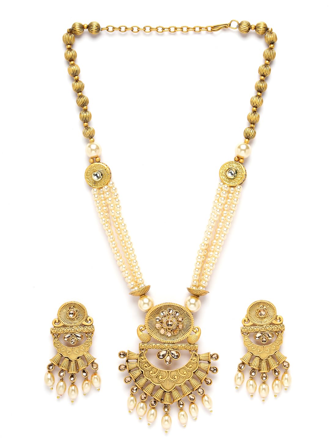 AdivaLatest Stylish Traditional Gold-Plated Artificial Stones, Pearl, and Beads Handcrafted Temple Necklace with Earrings Jewellery Set for Women & Girls